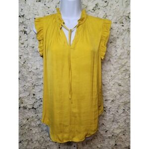 Cupcakes and Cashmere Womens‎ Large Yellow Flutter Slv Ruffle Neck Boho Flowy SM